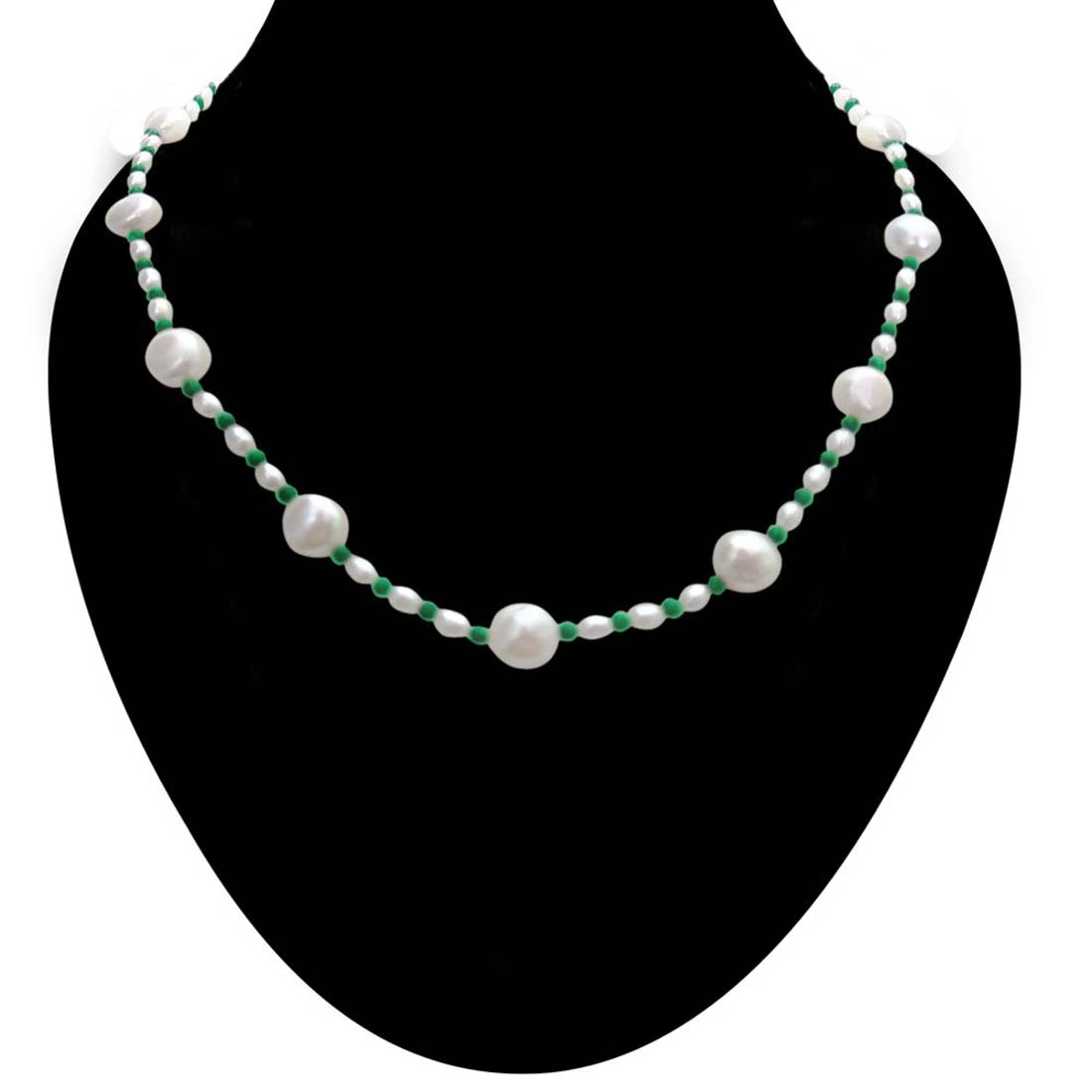 Pearl Diva - Single line Real Freshwater & Rice Pearl & Round Green Malachite Beads Necklace (SN265)