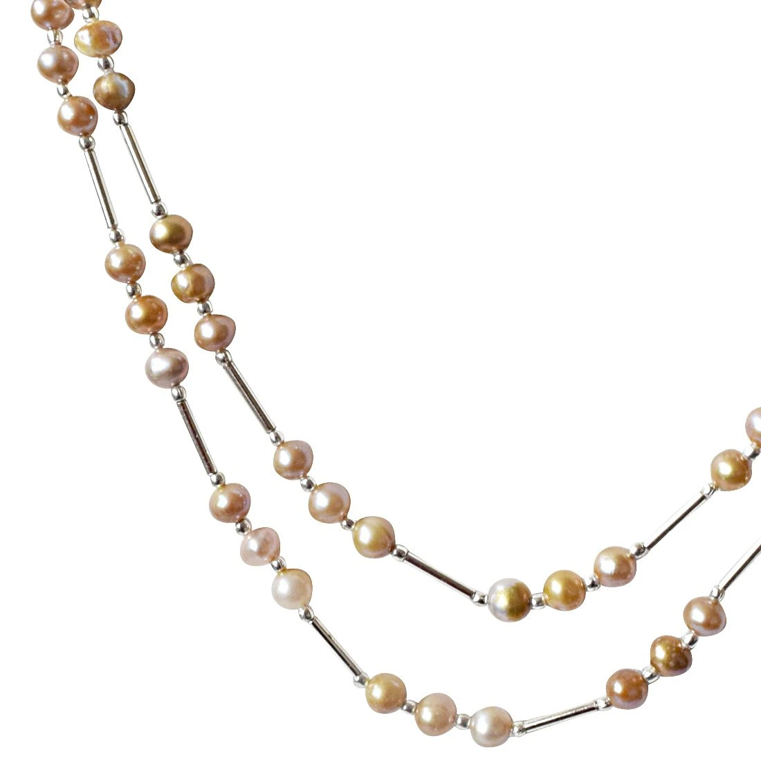 2 Line Peach and Purple Real Natural Freshwater Pearl and Silver Plated Pipe Necklace for Women (SN275)