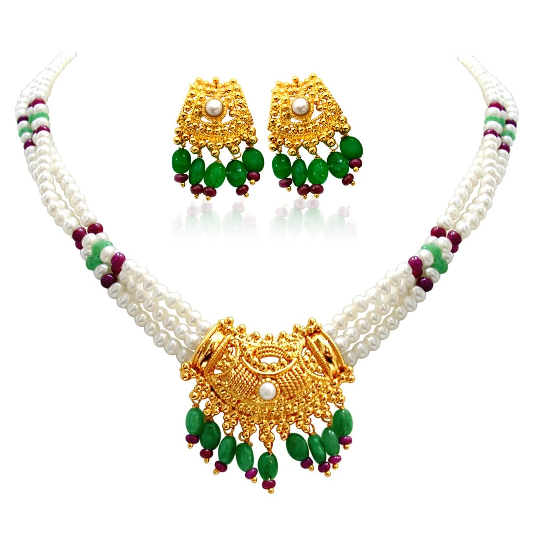 Show stopping Splendor - Gold Plated Pendant, Freshwater Pearl, Ruby & Emerald Necklace Earring Set for Women (SN291)