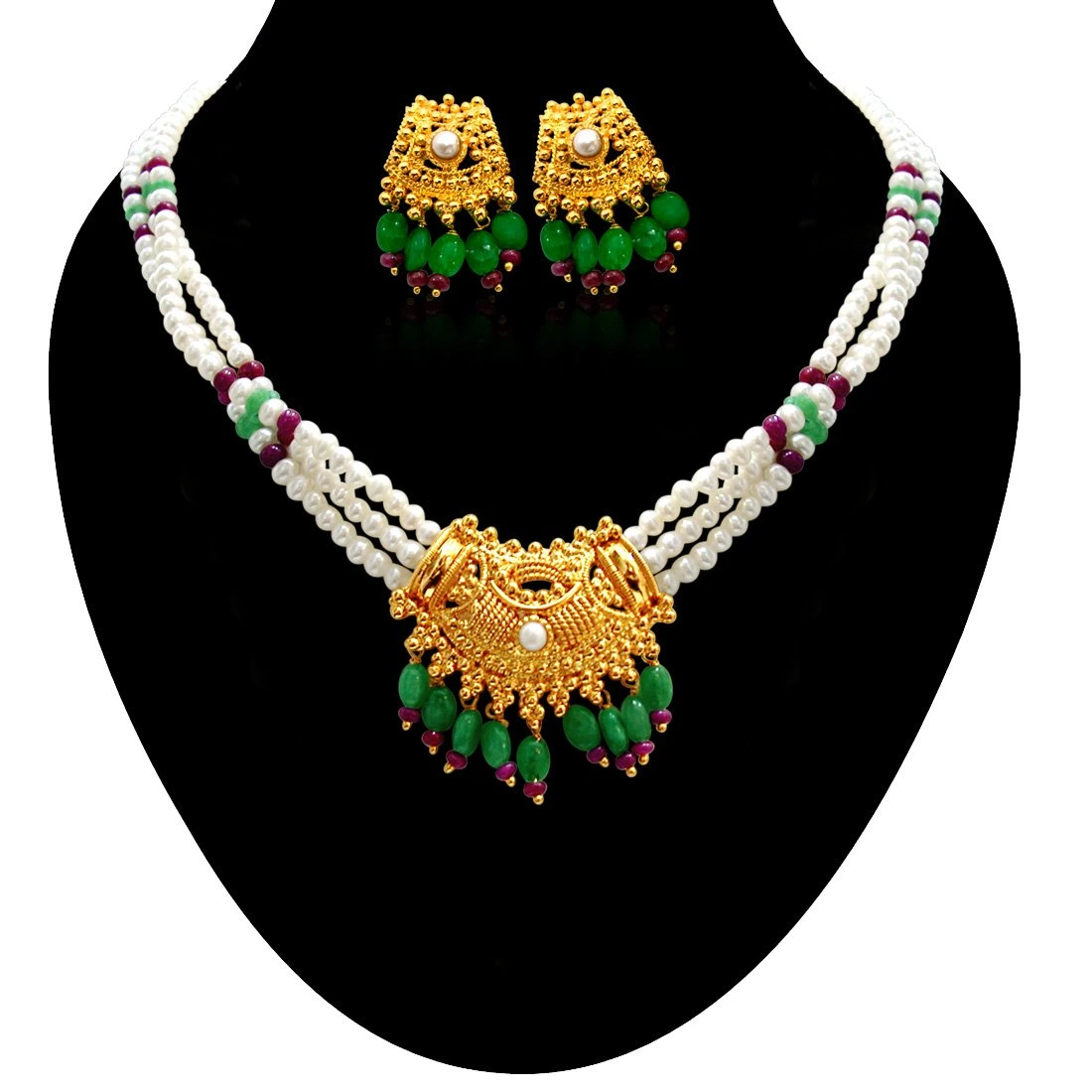 Show stopping Splendor - Gold Plated Pendant, Freshwater Pearl, Ruby & Emerald Necklace Earring Set for Women (SN291)