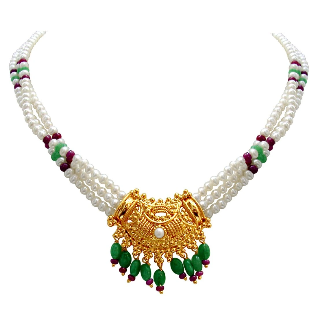 Show stopping Splendor - Gold Plated Pendant, Freshwater Pearl, Ruby & Emerald Necklace Earring Set for Women (SN291)