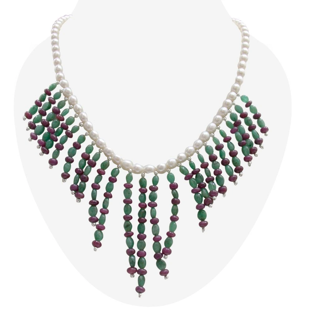 Star In The Making - Real Freshwater Pearl, Ruby Beads & Green Oval Emerald Necklace For Women (SN295)