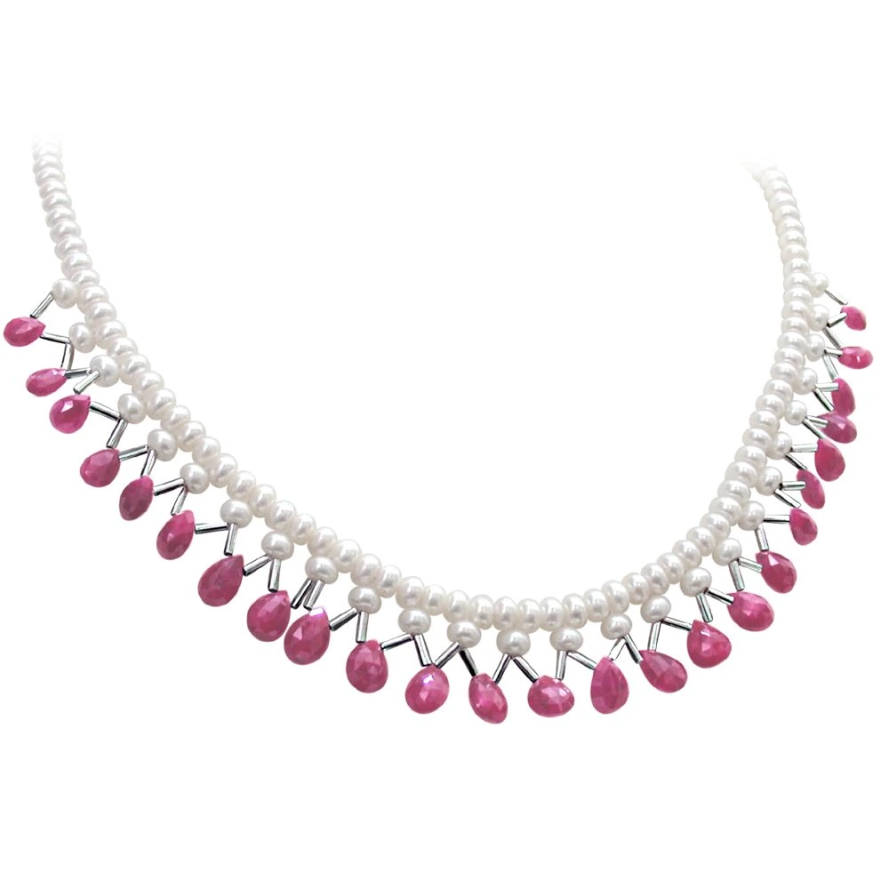 Be Mine - Real Faceted Drop Ruby, Freshwater Pearl & Silver Plated Pipe Necklace for Women (SN298)
