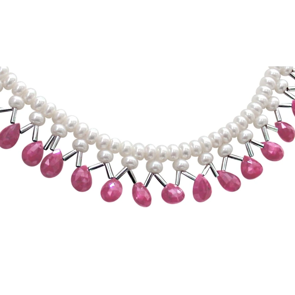 Be Mine - Real Faceted Drop Ruby, Freshwater Pearl & Silver Plated Pipe Necklace for Women (SN298)