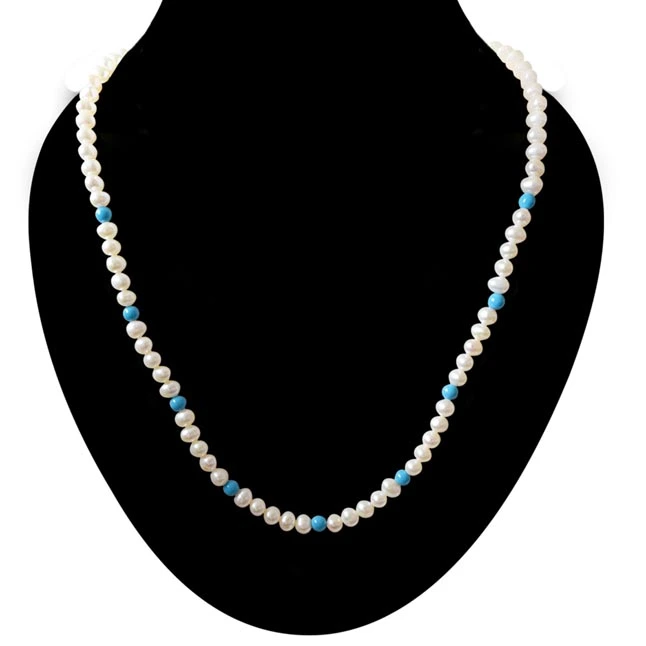 Single line Real Freshwater Pearl & Round Blue Turquoise Beads Necklace (SN29)