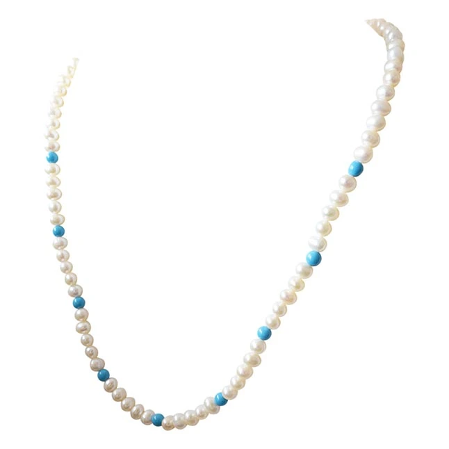 Single line Real Freshwater Pearl & Round Blue Turquoise Beads Necklace (SN29)