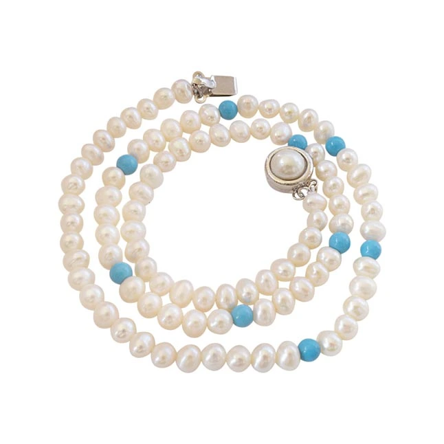 Single line Real Freshwater Pearl & Round Blue Turquoise Beads Necklace (SN29)