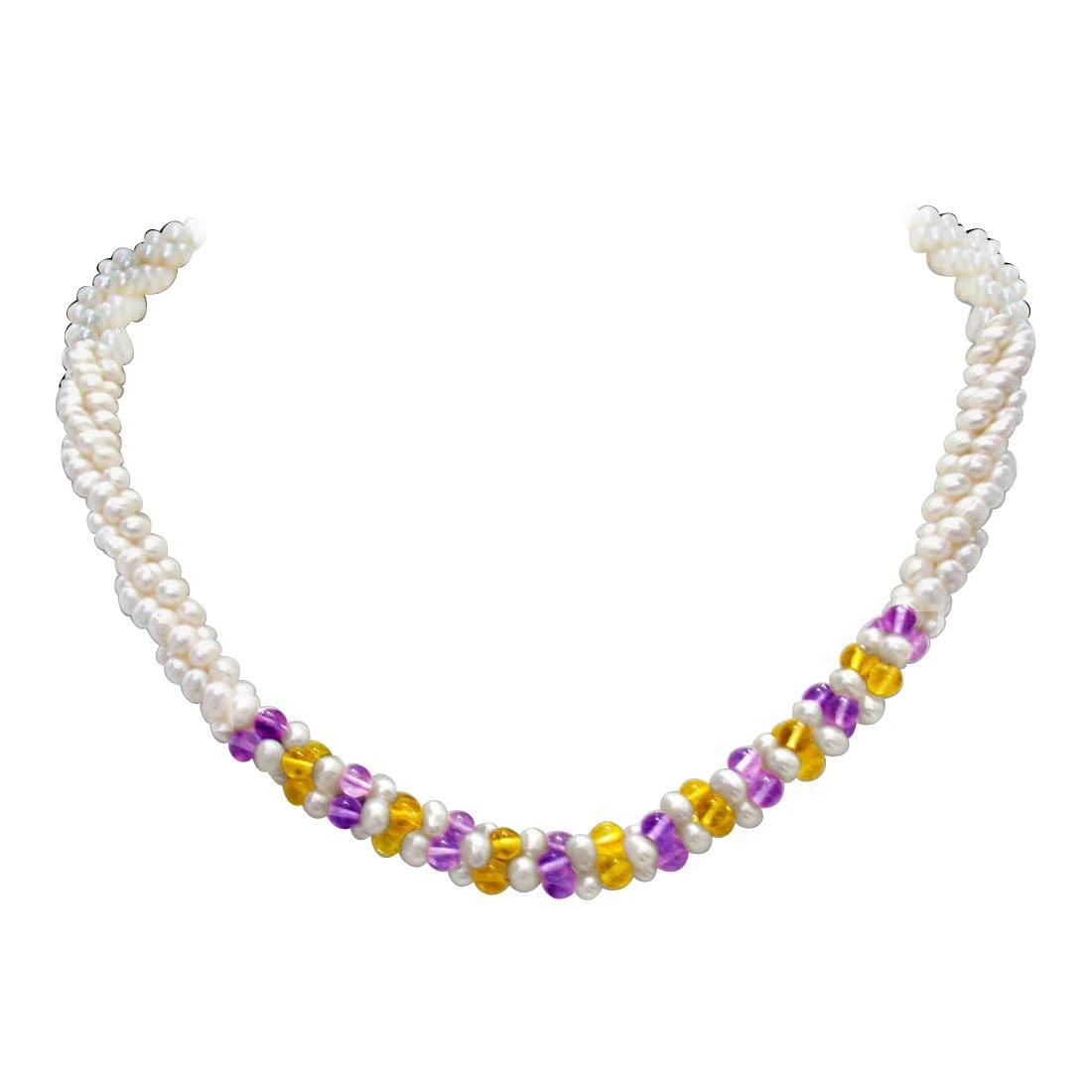 Chocolate Mousse - 3 Line Twisted Real Pearl, Amethyst & Citrin Beads Necklace for Women (SN300)