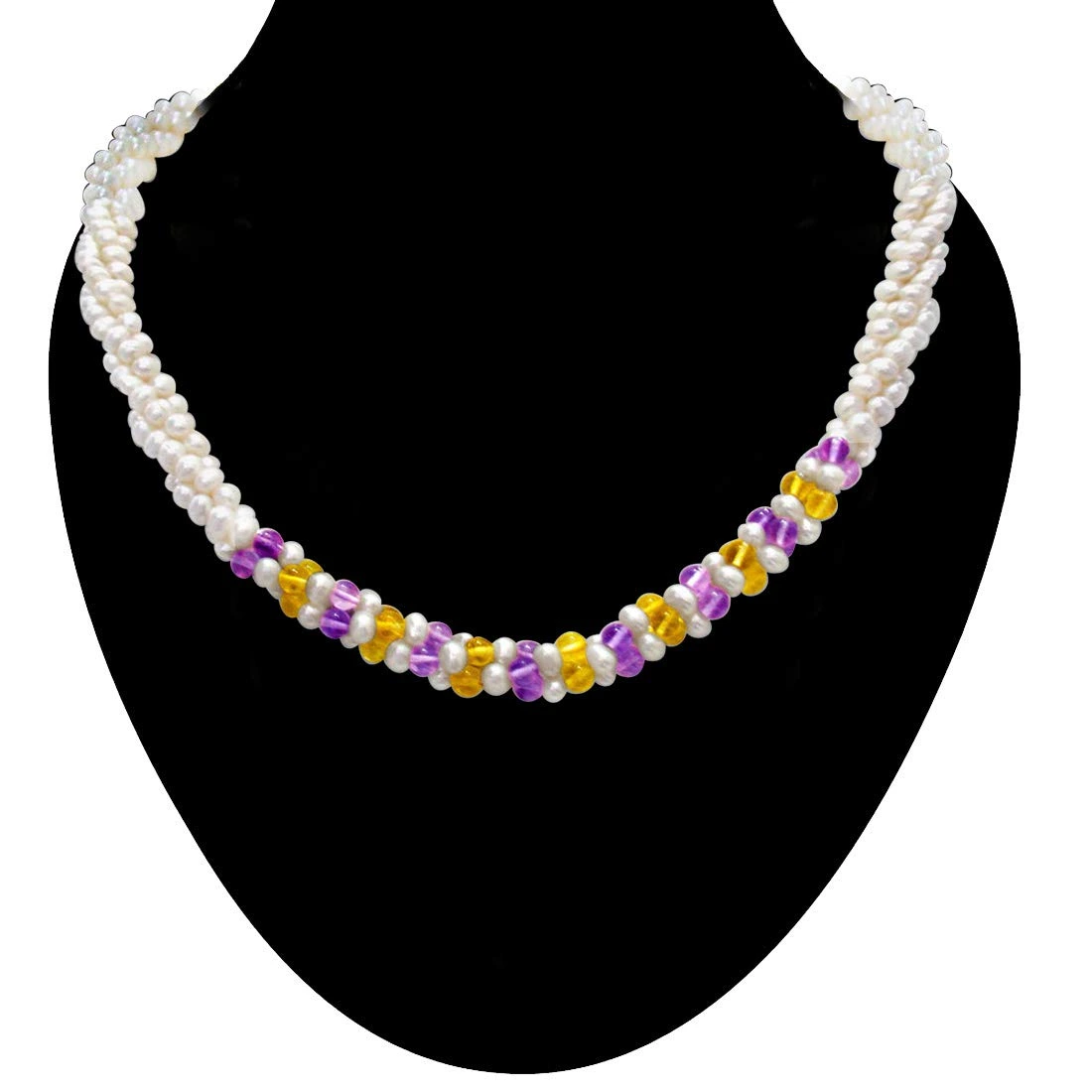 Chocolate Mousse - 3 Line Twisted Real Pearl, Amethyst & Citrin Beads Necklace for Women (SN300)