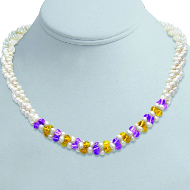 Chocolate Mousse - 3 Line Twisted Real Pearl, Amethyst & Citrin Beads Necklace for Women (SN300)