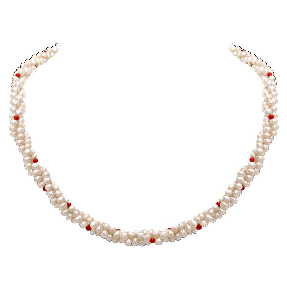 Coral Bead Beauty - 3 Line Twisted Real Pearl & Red Coral Beads Necklace for Women (SN303)