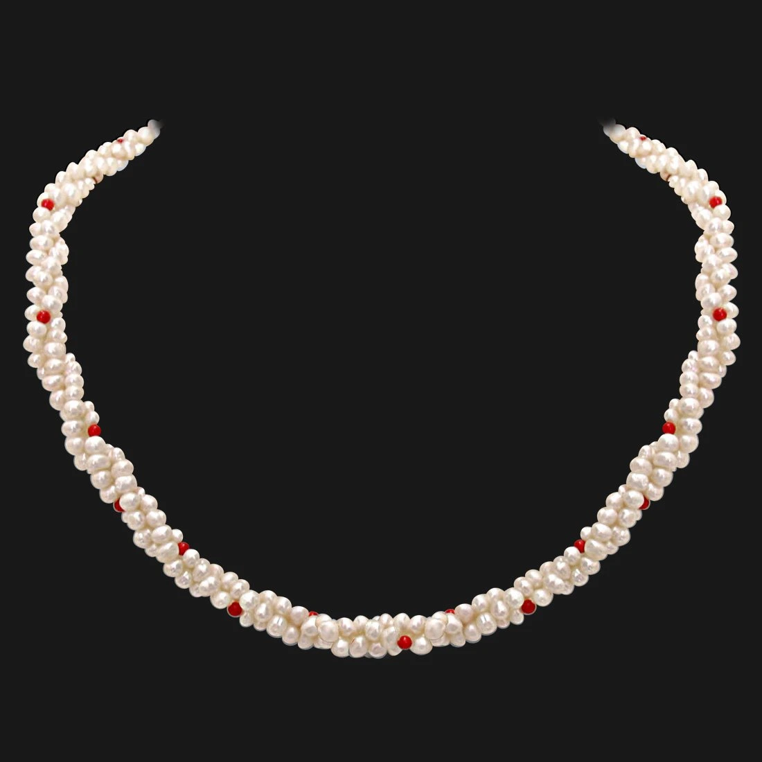 Coral Bead Beauty - 3 Line Twisted Real Pearl & Red Coral Beads Necklace for Women (SN303)