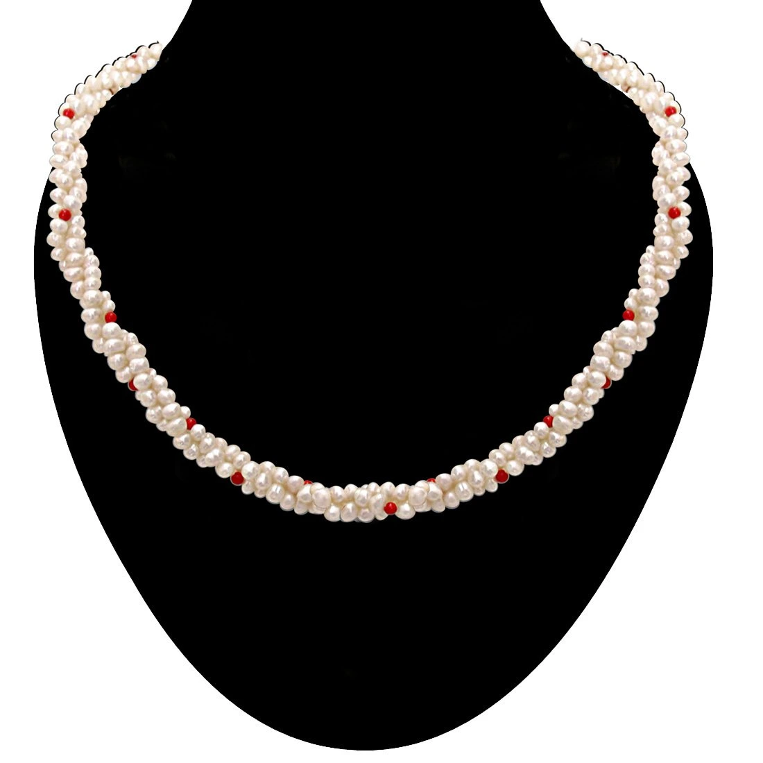 Coral Bead Beauty - 3 Line Twisted Real Pearl & Red Coral Beads Necklace for Women (SN303)