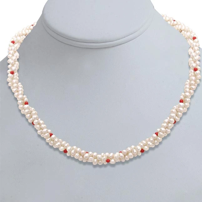 Coral Bead Beauty - 3 Line Twisted Real Pearl & Red Coral Beads Necklace for Women (SN303)