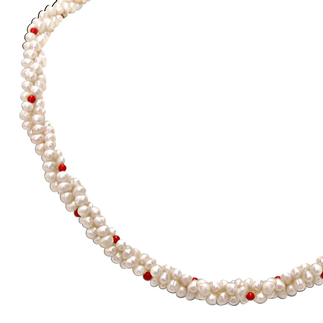 Coral Bead Beauty - 3 Line Twisted Real Pearl & Red Coral Beads Necklace for Women (SN303)