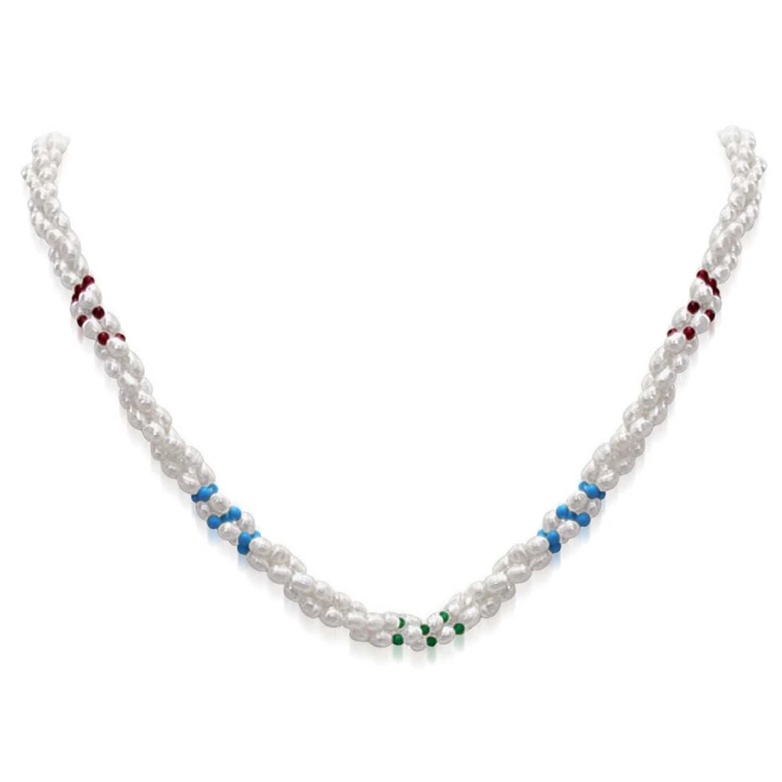 Vanilla Ice - 3 Line Twisted Real Pearl, Turquoise, Garnet & Green Onyx Beads Necklace for Women (SN304)