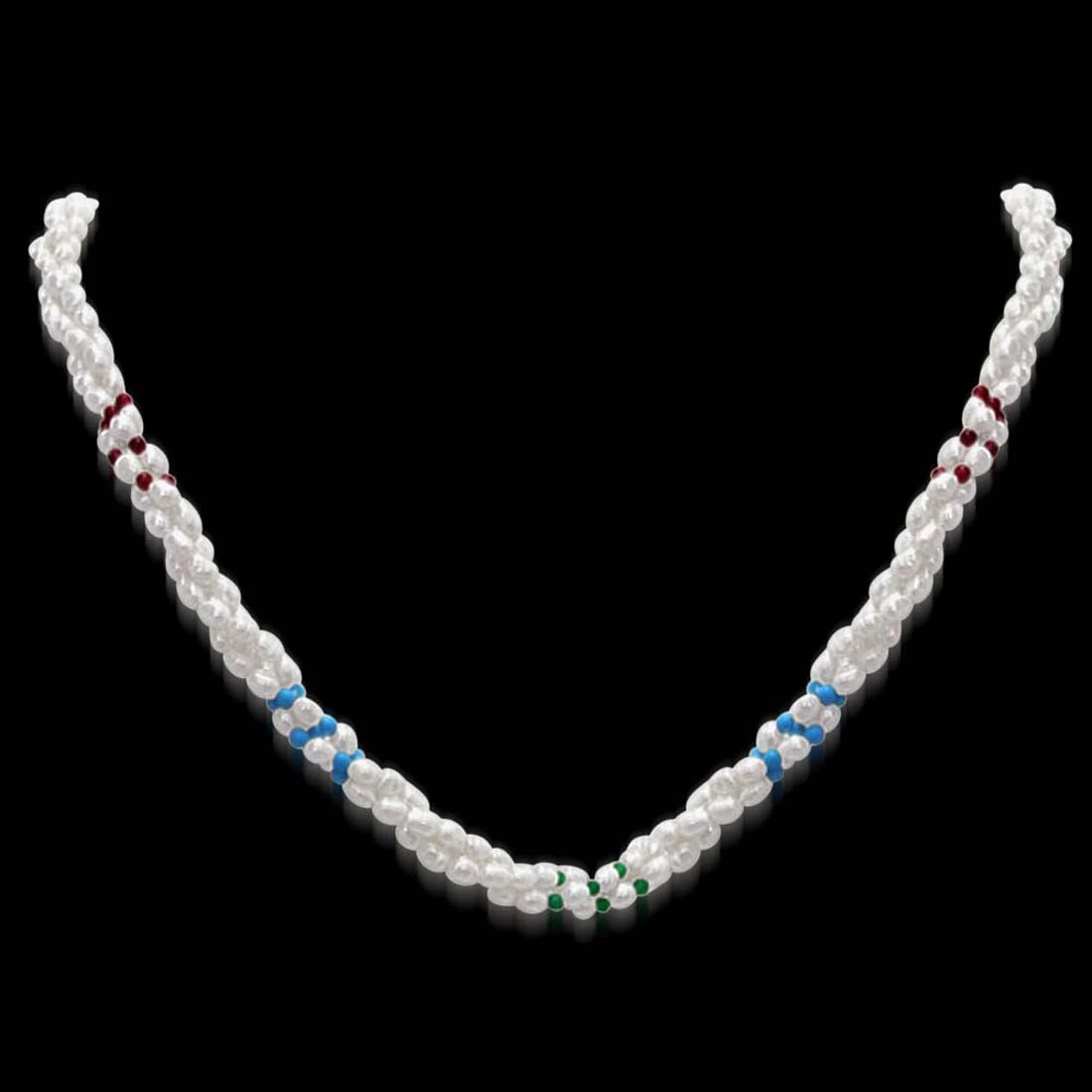 Vanilla Ice - 3 Line Twisted Real Pearl, Turquoise, Garnet & Green Onyx Beads Necklace for Women (SN304)