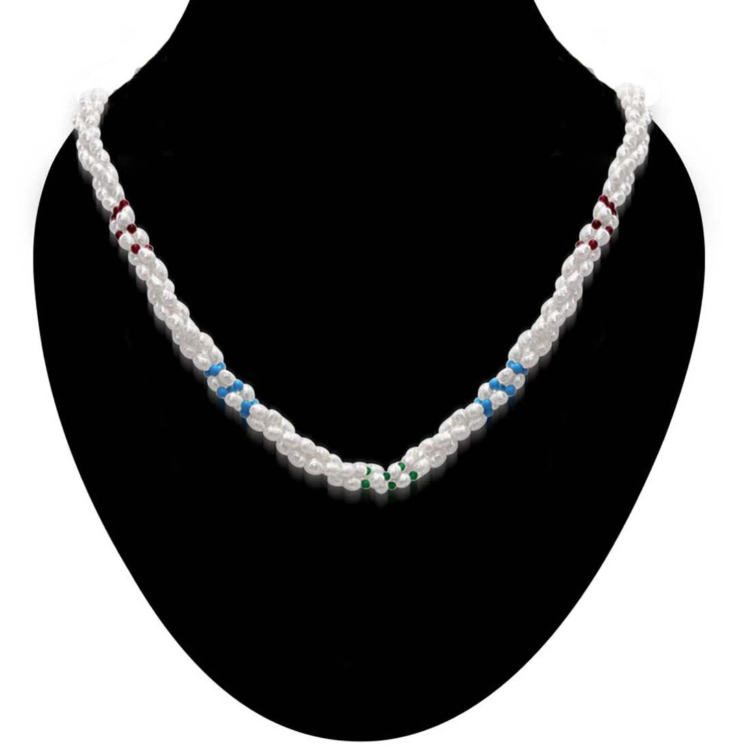 Vanilla Ice - 3 Line Twisted Real Pearl, Turquoise, Garnet & Green Onyx Beads Necklace for Women (SN304)