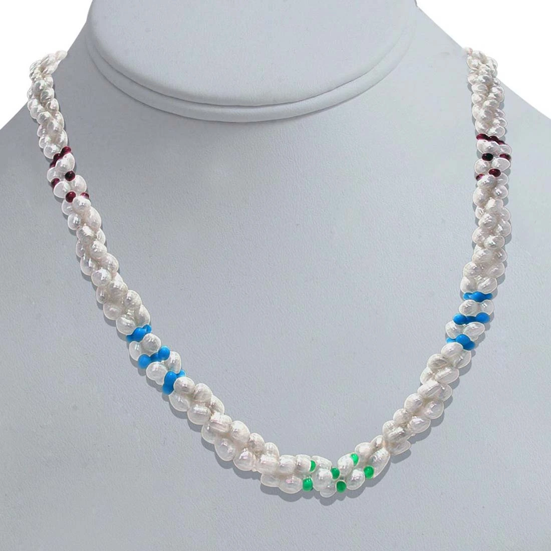 Vanilla Ice - 3 Line Twisted Real Pearl, Turquoise, Garnet & Green Onyx Beads Necklace for Women (SN304)