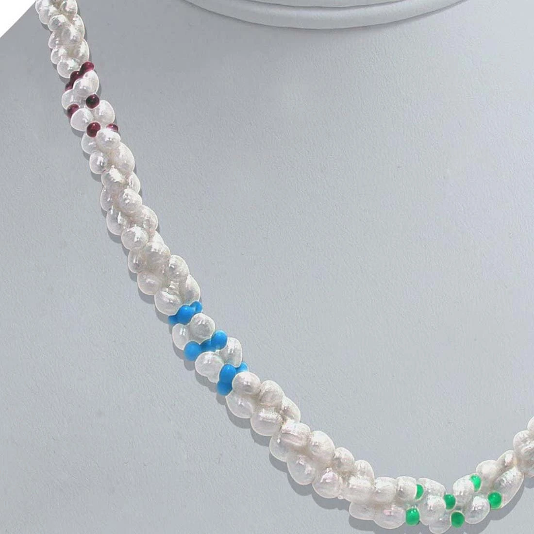 Vanilla Ice - 3 Line Twisted Real Pearl, Turquoise, Garnet & Green Onyx Beads Necklace for Women (SN304)