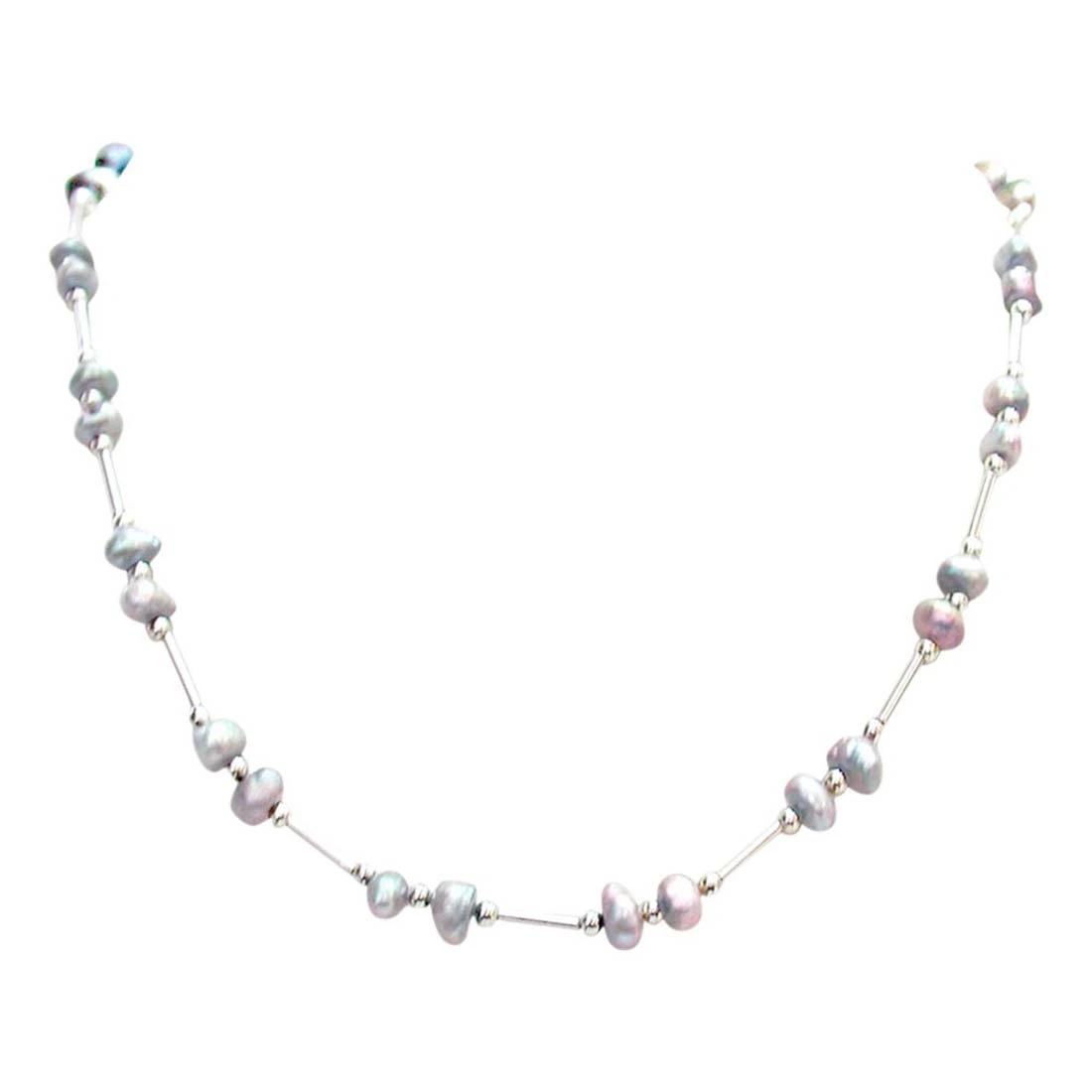 Sugar Puff - Single Line Real Gray Colored Pearl & Silver Plated Pipe Necklace for Women (SN318)