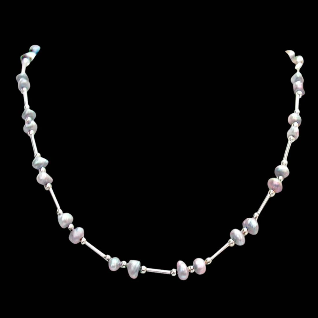 Sugar Puff - Single Line Real Gray Colored Pearl & Silver Plated Pipe Necklace for Women (SN318)