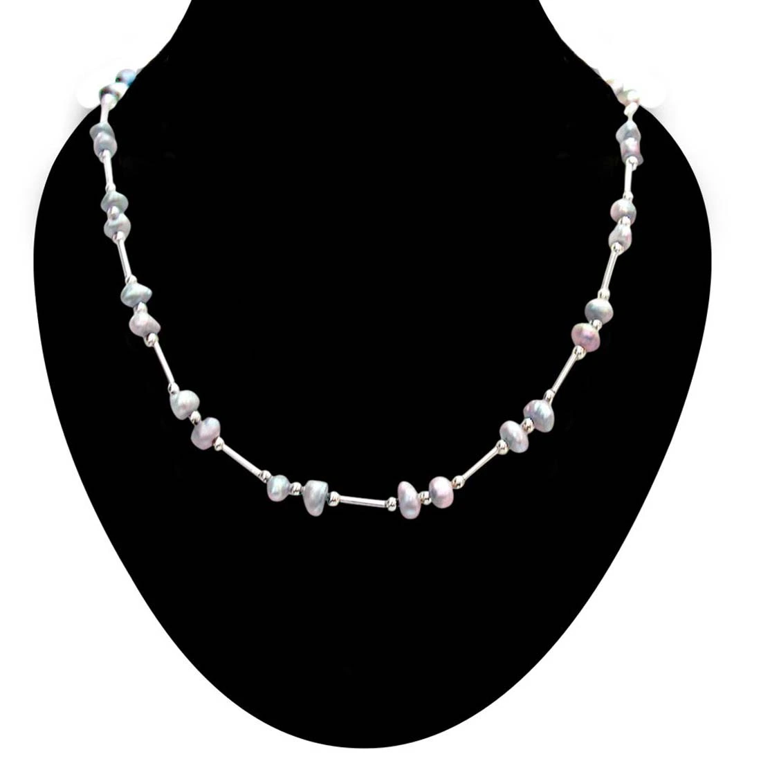 Sugar Puff - Single Line Real Gray Colored Pearl & Silver Plated Pipe Necklace for Women (SN318)