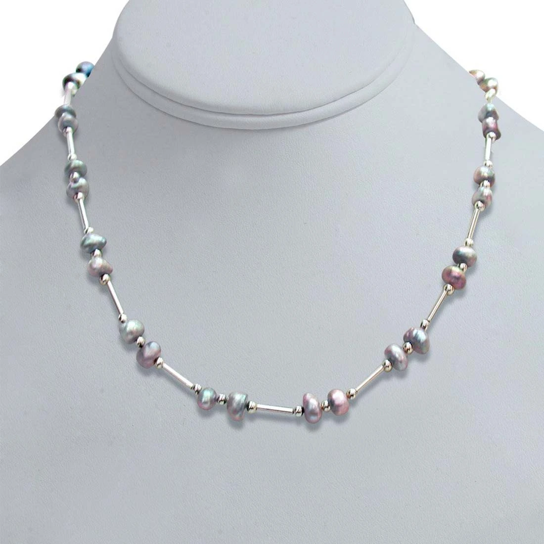 Sugar Puff - Single Line Real Gray Colored Pearl & Silver Plated Pipe Necklace for Women (SN318)