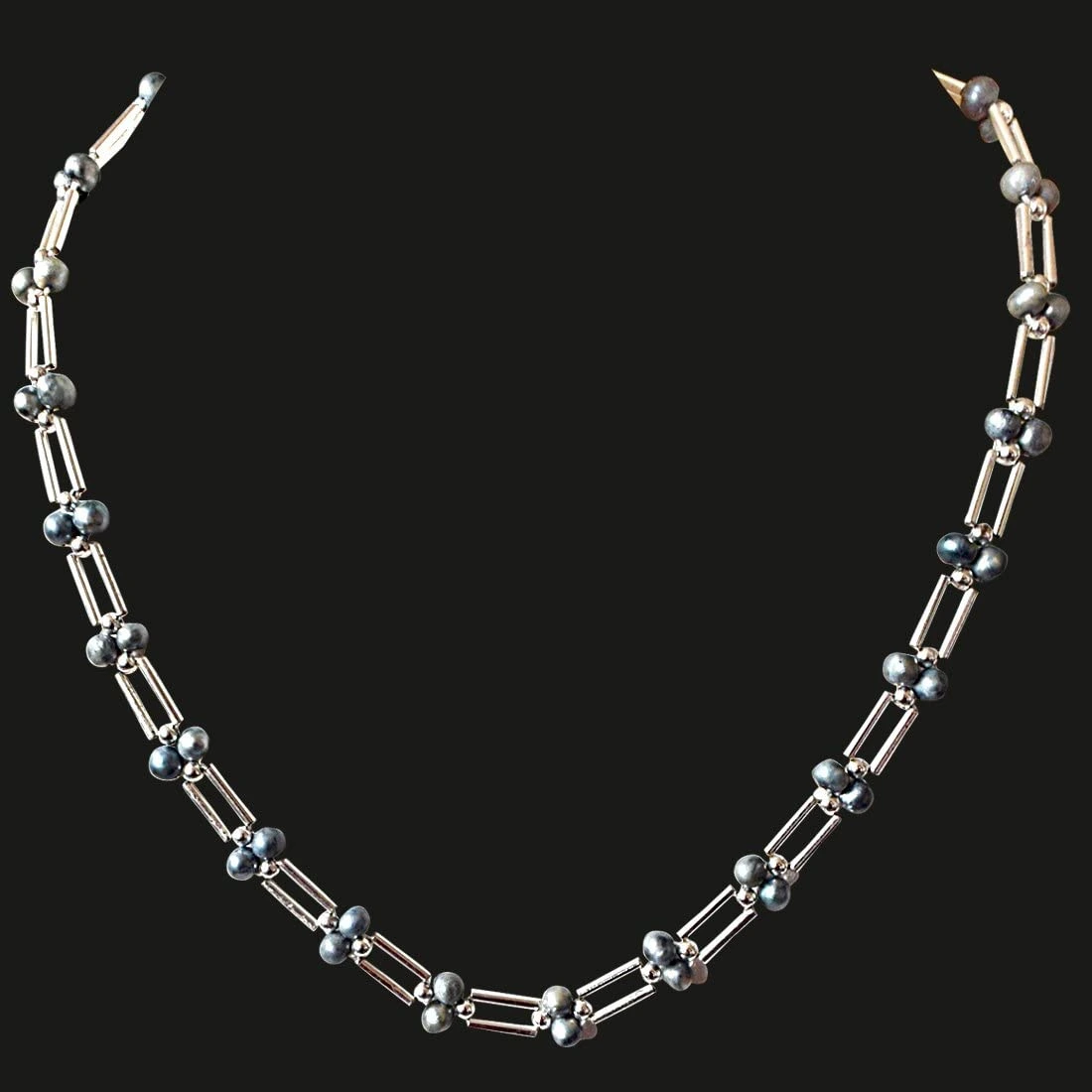 Grey Coloured Pearl and Silver Plated Pipe and Beads Necklace for Women (SN321)