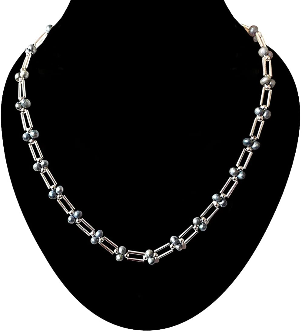 Grey Coloured Pearl and Silver Plated Pipe and Beads Necklace for Women (SN321)