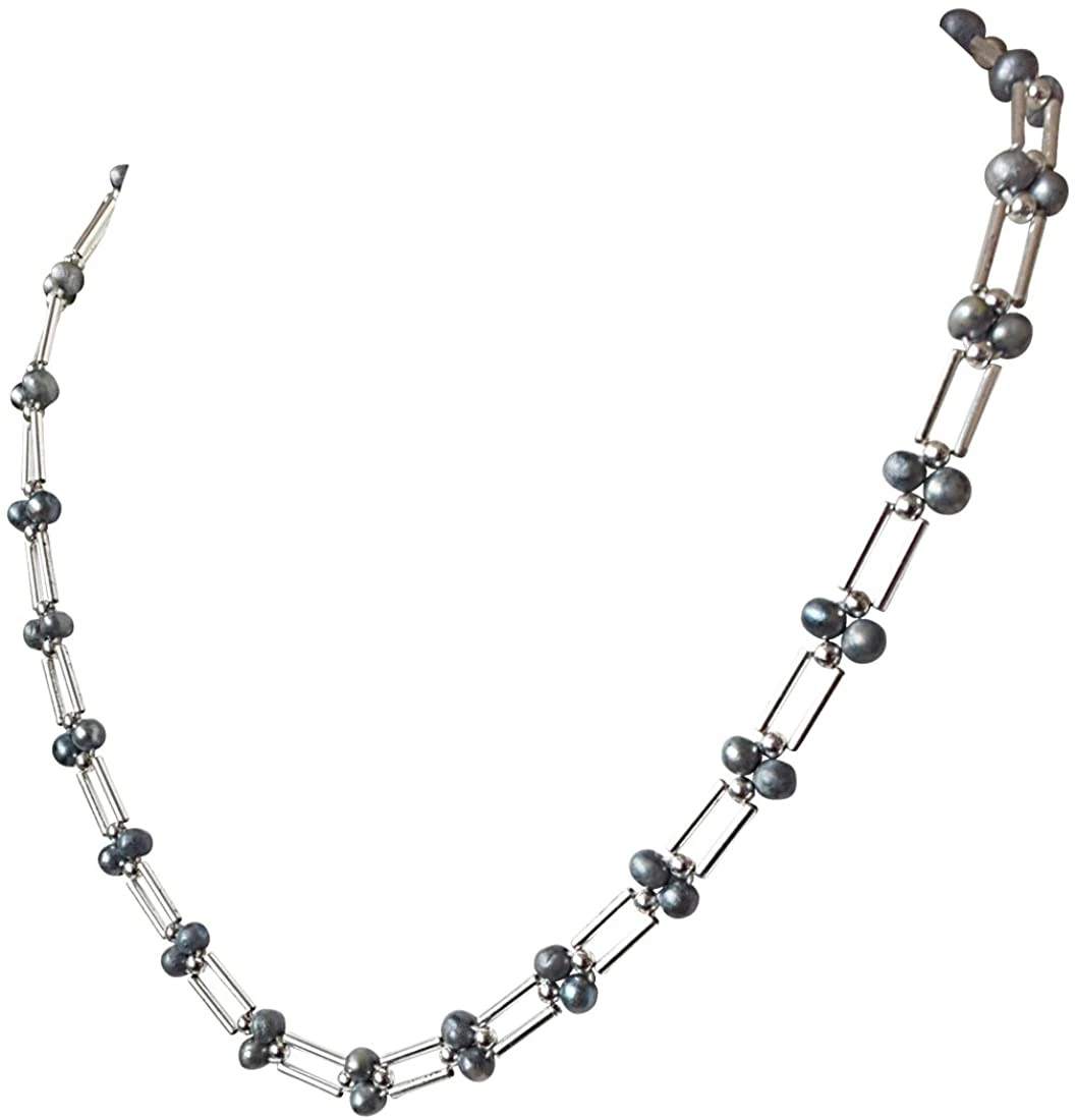 Grey Coloured Pearl and Silver Plated Pipe and Beads Necklace for Women (SN321)