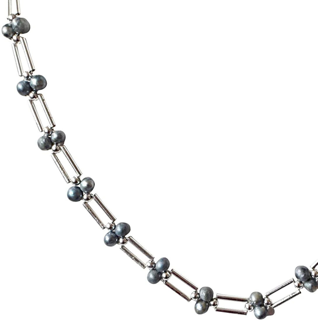 Grey Coloured Pearl and Silver Plated Pipe and Beads Necklace for Women (SN321)