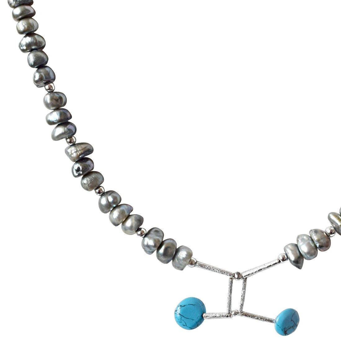 Grey Coloured Pearl, Turquoise Disc and Silver Plated Pipe and Beads Necklace for Women (SN324)