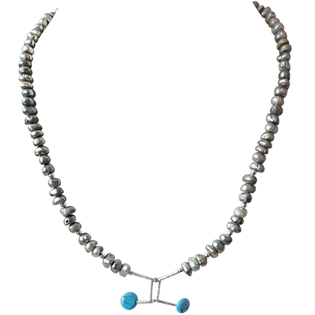 Grey Coloured Pearl, Turquoise Disc and Silver Plated Pipe and Beads Necklace for Women (SN324)