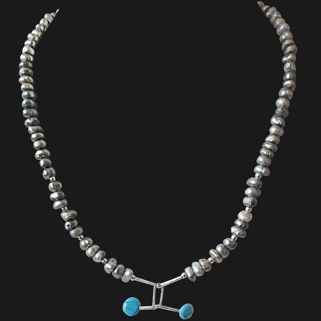 Grey Coloured Pearl, Turquoise Disc and Silver Plated Pipe and Beads Necklace for Women (SN324)