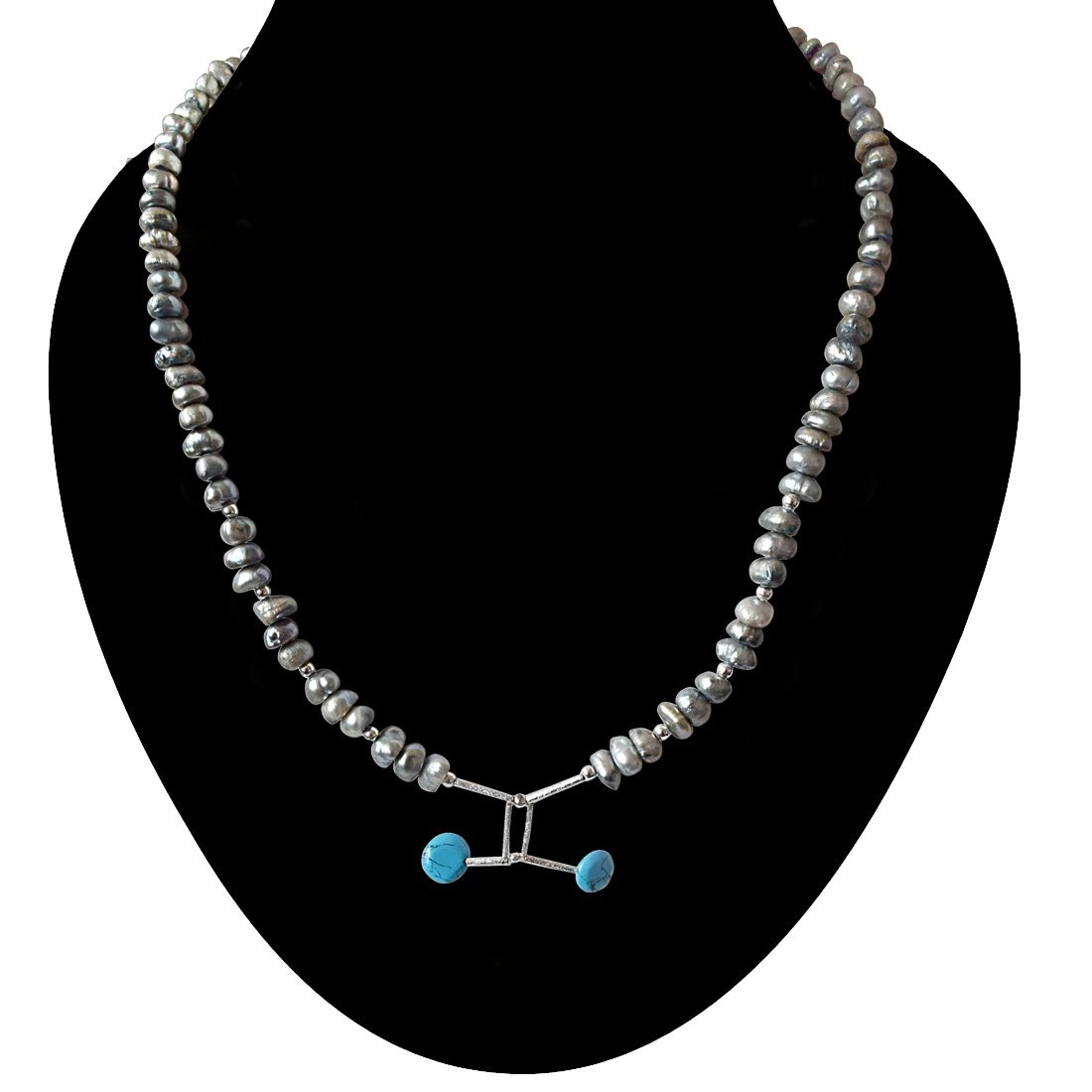 Grey Coloured Pearl, Turquoise Disc and Silver Plated Pipe and Beads Necklace for Women (SN324)