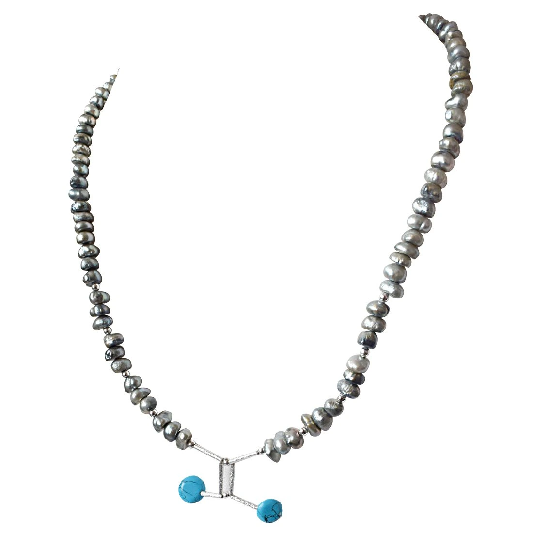 Grey Coloured Pearl, Turquoise Disc and Silver Plated Pipe and Beads Necklace for Women (SN324)