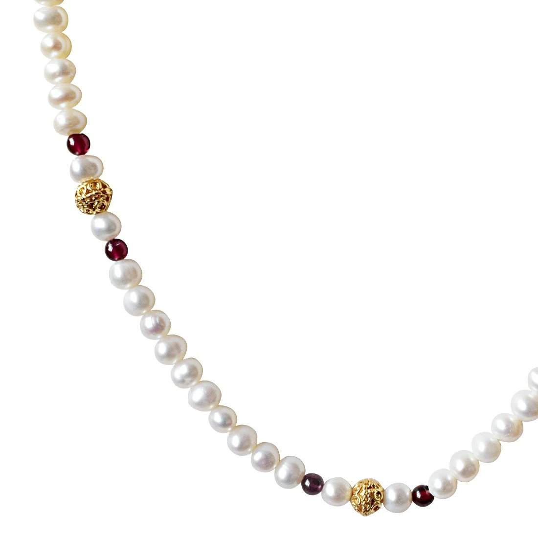 Dejavu - Single Line Red Garnet, Real Freshwater Pearl and Gold Plated Ball Necklace for Women (SN33)