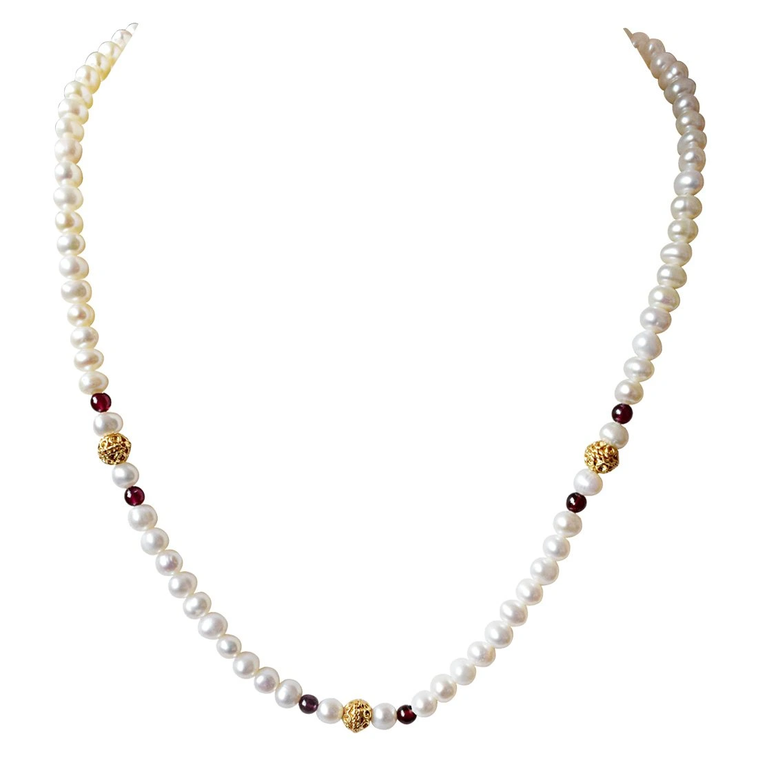 Dejavu - Single Line Red Garnet, Real Freshwater Pearl and Gold Plated Ball Necklace for Women (SN33)