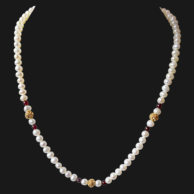 Dejavu - Single Line Red Garnet, Real Freshwater Pearl and Gold Plated Ball Necklace for Women (SN33)