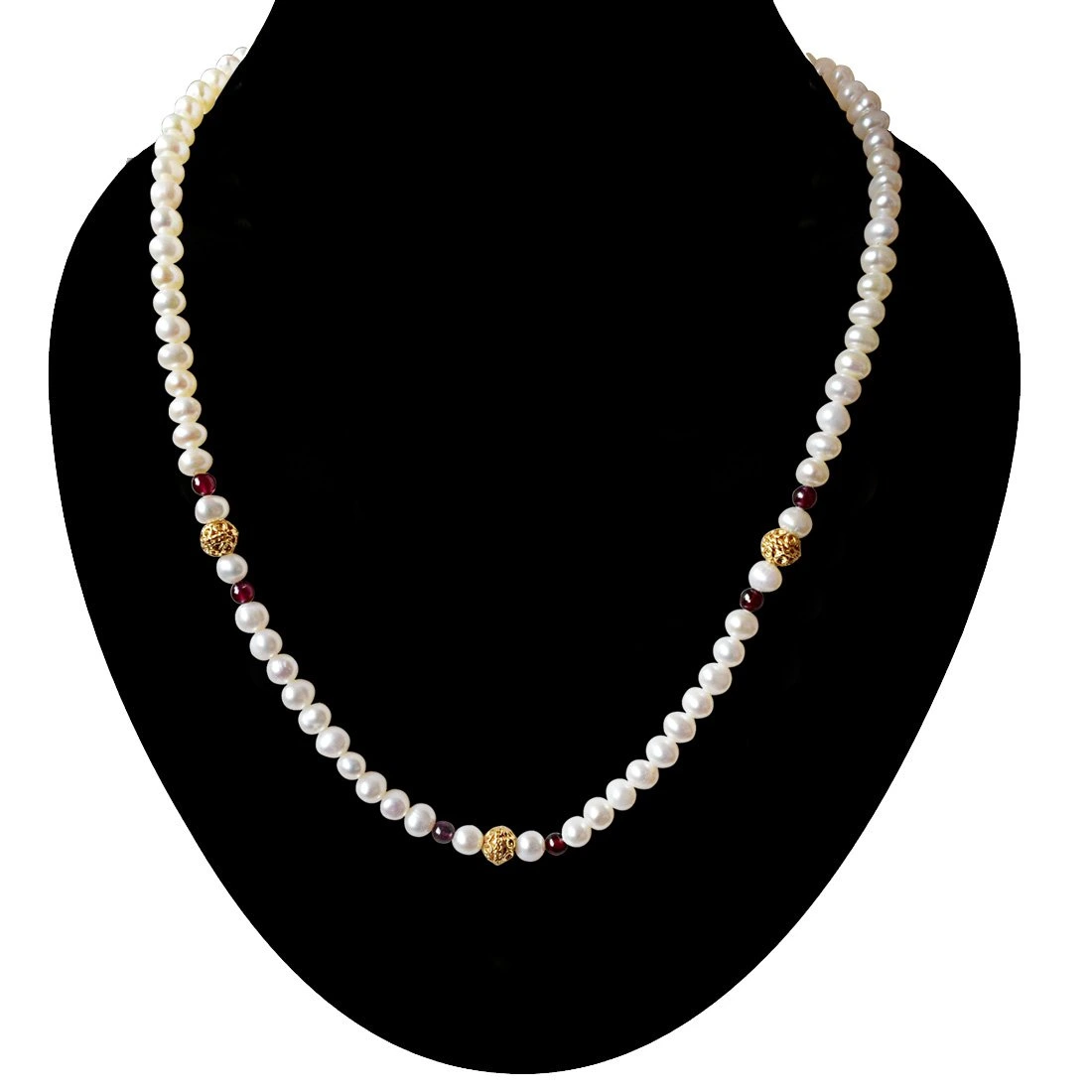 Dejavu - Single Line Red Garnet, Real Freshwater Pearl and Gold Plated Ball Necklace for Women (SN33)