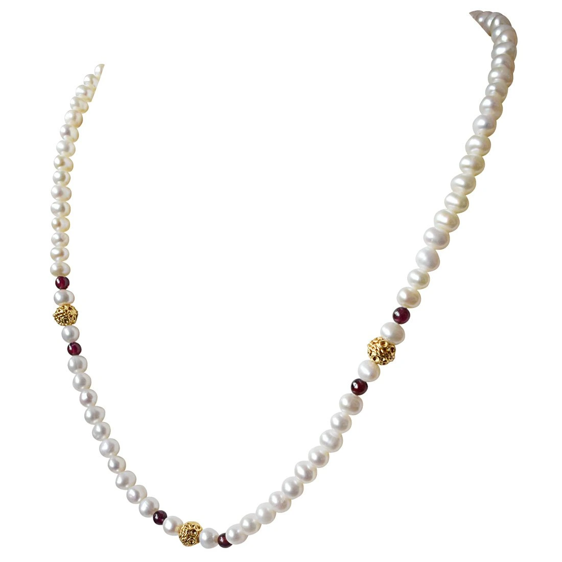 Dejavu - Single Line Red Garnet, Real Freshwater Pearl and Gold Plated Ball Necklace for Women (SN33)