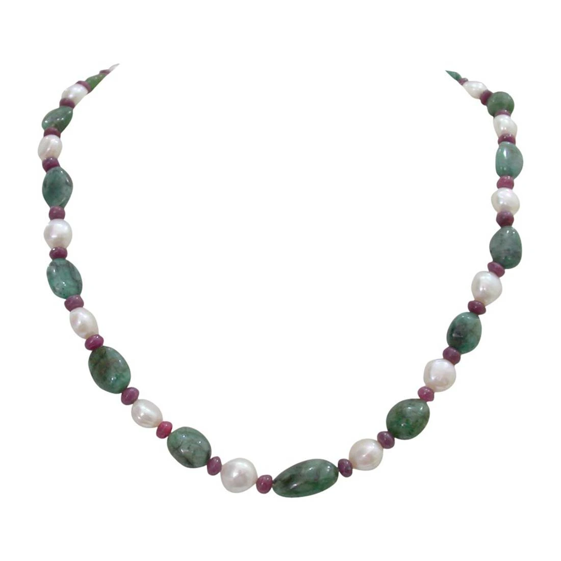 Single Line Real Green Oval Emerald, Red Ruby Beads and Freshwater Pearl Necklace for Women (SN341)