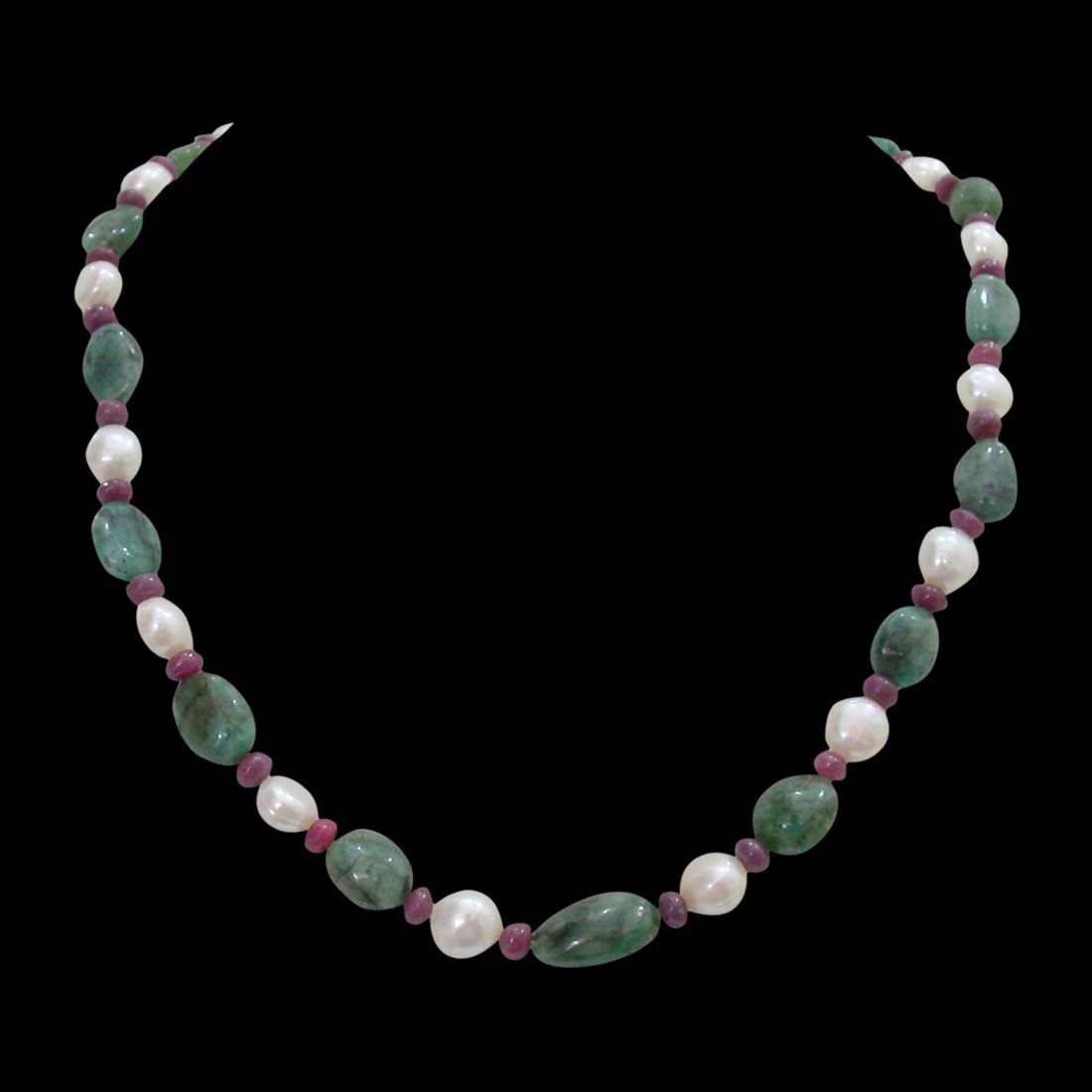 Single Line Real Green Oval Emerald, Red Ruby Beads and Freshwater Pearl Necklace for Women (SN341)