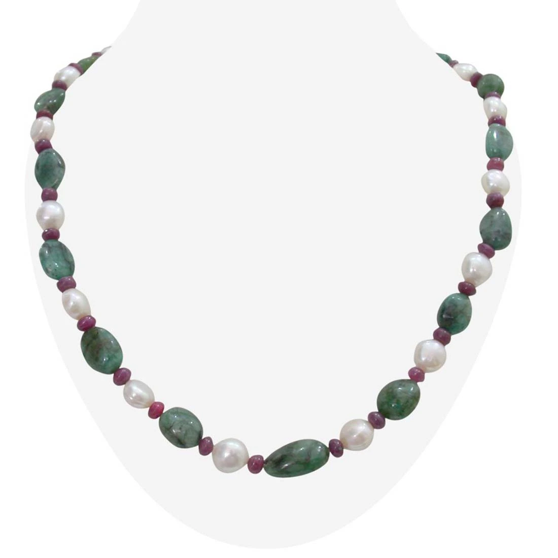 Single Line Real Green Oval Emerald, Red Ruby Beads and Freshwater Pearl Necklace for Women (SN341)