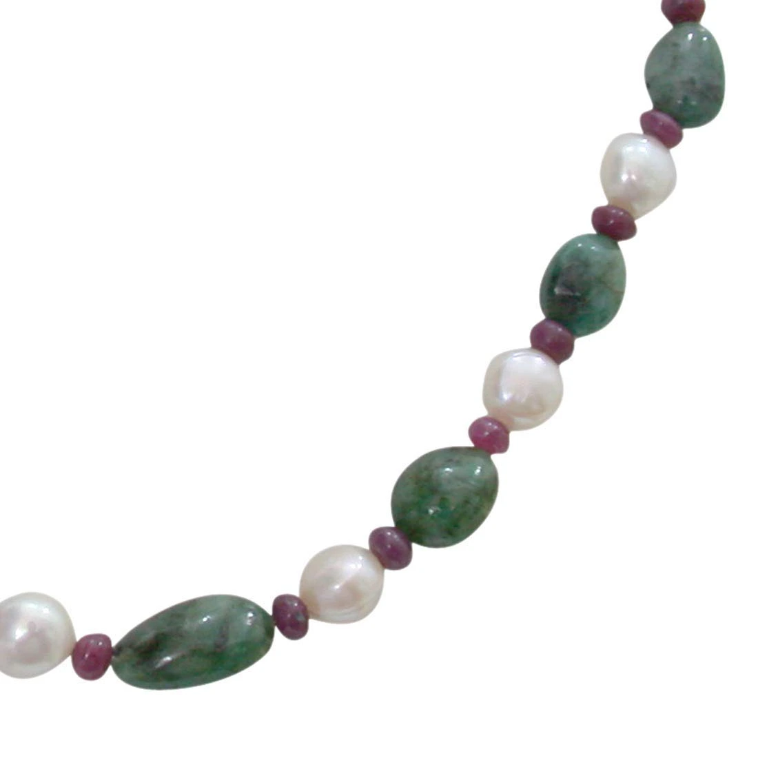 Single Line Real Green Oval Emerald, Red Ruby Beads and Freshwater Pearl Necklace for Women (SN341)