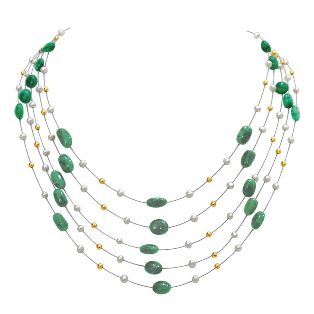 Fantastic Five - 5 Line Real Green Emerald, Freshwater Pearl & Gold Plated Beads Wire Style Necklace for Women (SN348)