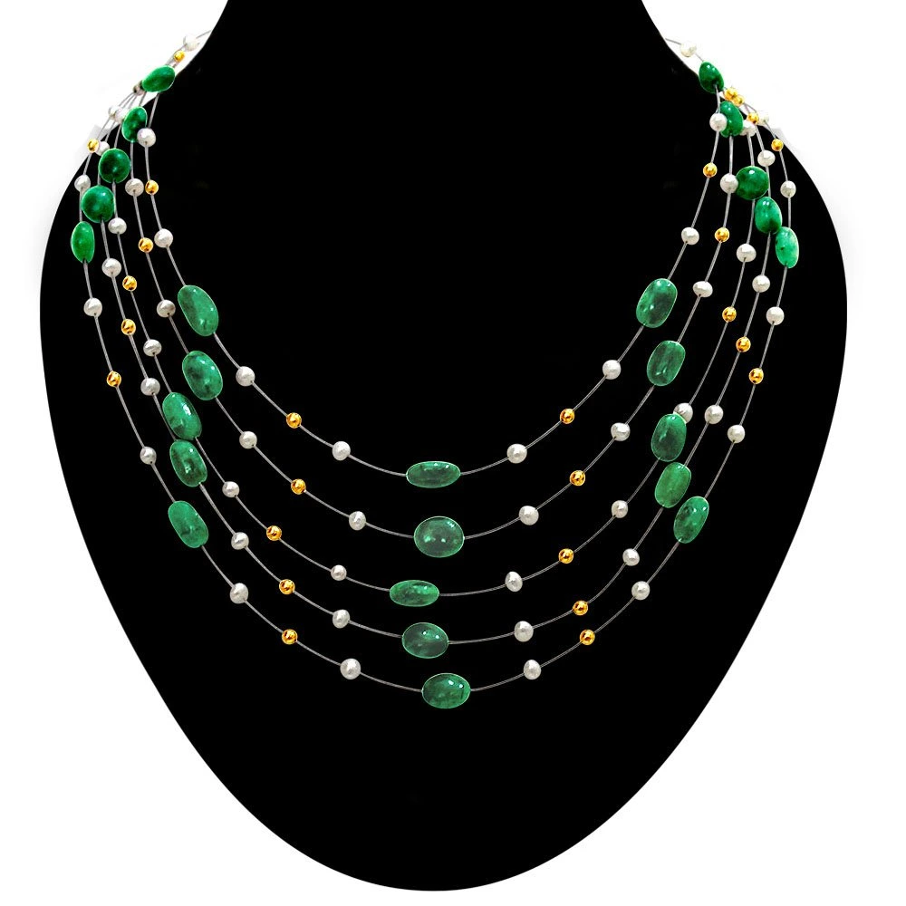 Fantastic Five - 5 Line Real Green Emerald, Freshwater Pearl & Gold Plated Beads Wire Style Necklace for Women (SN348)