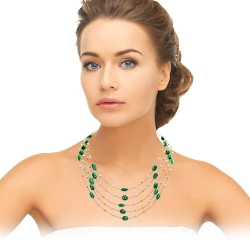 Fantastic Five - 5 Line Real Green Emerald, Freshwater Pearl & Gold Plated Beads Wire Style Necklace for Women (SN348)