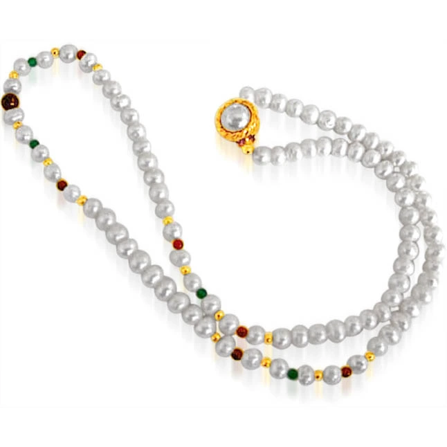 Grandiose - Single Line Pearl Necklace with Red Garnet & Green Onyx with Gold Plated Beads (SN35)